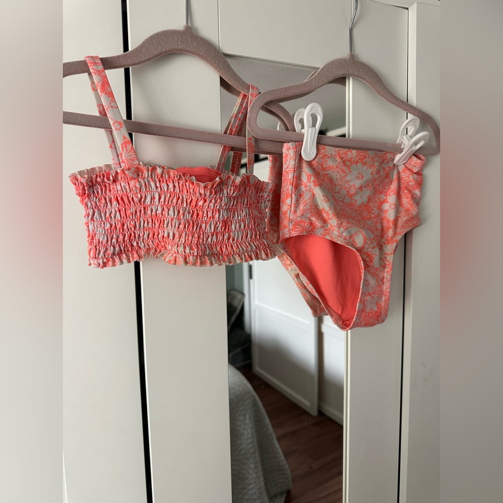 GAP Little Girl’s Two-piece Swimsuit Coral and White Floral Swim Top and Bottom